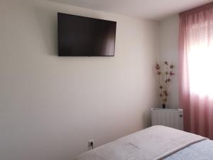 a bedroom with a bed and a television on the wall at Apartamento Gran Terraza in Moaña