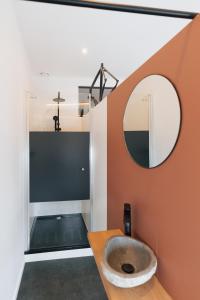 łazienka z toaletą i lustrem w obiekcie Vakantiehuis Vélolit w mieście Oudenaarde