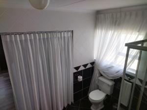 y baño con cortina de ducha blanca y aseo. en Blue Owl Guest House, en Mossel Bay