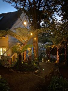 Hekerua Lodge Backpackers Hostel Waiheke Island في Oneroa: حديقة خلفية في الليل مع أضواء على شجرة