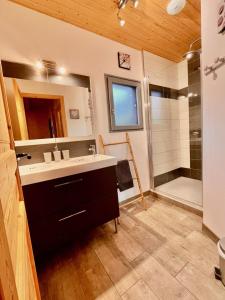 a bathroom with a sink and a shower at Le loti des Arnats in Saint-Nectaire