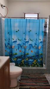 a bathroom with a fish shower curtain in a bathroom at STAY IN VIEQUES FOR LESS CAMPSITE CASH-PAYPAL COZY FAMILY PLACE-HELP-COORDINATE VACATION 45-00 PLUS USD TAX RENT10FT TENT w QUEEN-BED 2 PILLOWS-LINENS - 5 MINUTES WALK BIOBAY STATIONS -RESTAURANTS ESPERANZA-SUNBAY-BEACHES 7-50 USD PRIVATE TRANSPORTATION in Vieques