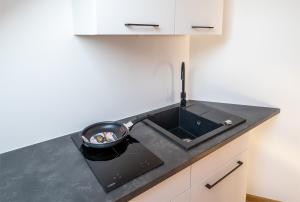 a kitchen sink with a pot on a counter at Akacjowa Zatoka - Pokoje i Apartamenty in Mielenko