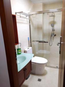 ein Bad mit einer Dusche, einem Waschbecken und einem WC in der Unterkunft UNIT 3F-18 MEGATOWER RESIDENCES III in Baguio City