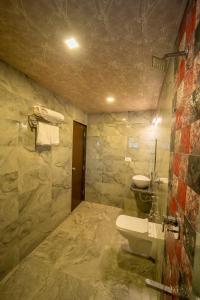 a bathroom with a toilet and a sink at Vrindavan Resort in Mahabaleshwar