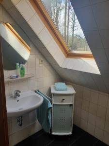 a bathroom with a sink and a window at Hof Lindemann in Schneverdingen