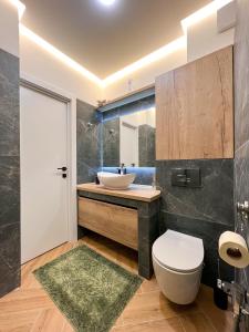 a bathroom with a white toilet and a sink at RentHouse Apartments Neoclassic in Chişinău