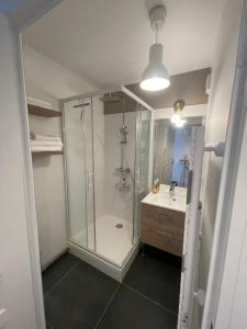 La salle de bains est pourvue d'une douche en verre et d'un lavabo. dans l'établissement ALP Chartres - Grand studio avec terrasse et parking, à Chartres