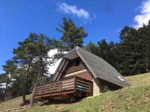 a house with a pitched roof on a hill at Chalet lac de Payolle in Ancizan