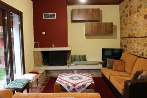 ein Wohnzimmer mit einem Sofa und einem Kamin in der Unterkunft Snow story 1 -Elati, Trikala-2BD in Elati, Trikala