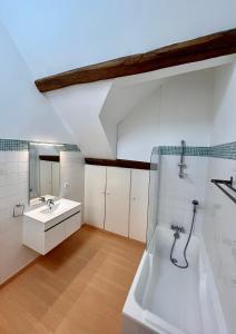 W łazience znajduje się umywalka i wanna. w obiekcie Gite Domaine Renaudin - Les Jardins du Moulin - Moussy w mieście Moussy