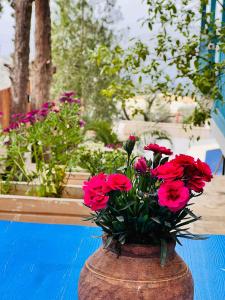 un jarrón lleno de flores rojas sentado en una mesa en Sultan Hotel Kalkan, en Kalkan