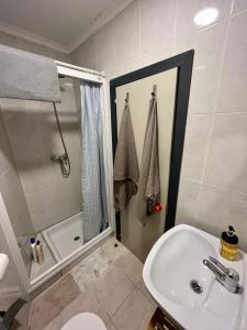 a bathroom with a sink and a shower and a toilet at Loft Borines in Borines