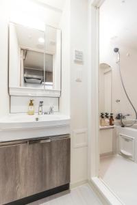 ein Bad mit einem Waschbecken und einem Spiegel in der Unterkunft Apartment Hotel 11 Kuromon in Osaka