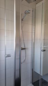 y baño con ducha y puerta de cristal. en Ferienwohnung am Brunnen en Großheubach