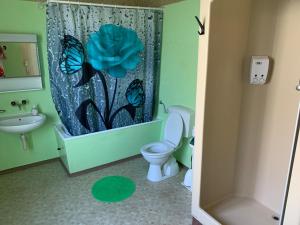 a bathroom with a toilet and a blue flower shower curtain at Hotel Schönbrunnen in Münchenbuchsee