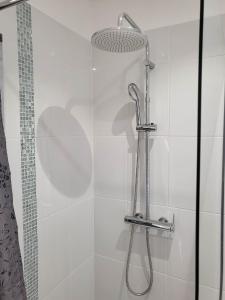 La salle de bains est pourvue d'une douche avec une porte en verre. dans l'établissement Studio sur le port de Toulon, à Toulon