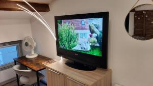 a flat screen tv sitting on top of a wooden stand at Suite 3 pièces chambre+cuisine+SDB centre ville in Privas