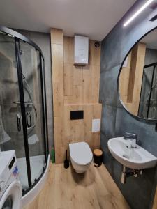 a bathroom with a toilet and a sink and a mirror at Piękny apartament przy parku, blisko dworca, centrum Radom in Radom