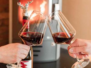 dos personas están sosteniendo copas de vino tinto en Ferienhaus Altstadtchalet, en Schmallenberg