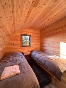 two beds in a log cabin with a window at The Green Man, Eco-friendly cabin in the Lincolnshire countryside with heating and hot water in Lincoln