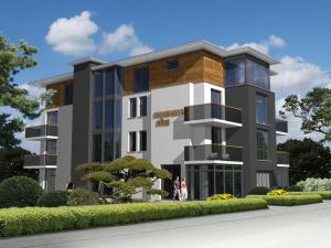 una representación de un edificio con gente parada frente a él en Dünenhaus Aurell, en Heringsdorf
