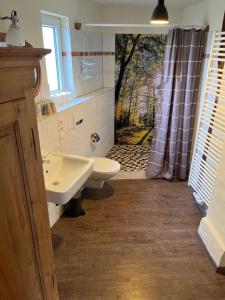 ein Bad mit einem Waschbecken, einem WC und einer Dusche in der Unterkunft Restaurant und Gasthaus Zur Burgschänke in Aremberg