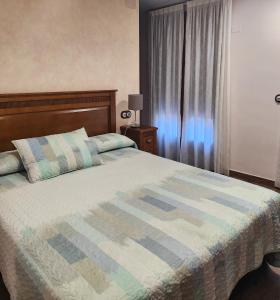 1 dormitorio con cama y ventana en Saint James Way, en Cacabelos