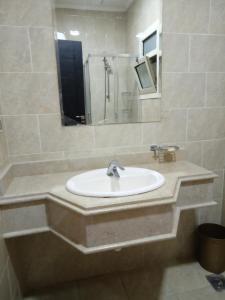 a bathroom with a sink and a mirror at شقه فندقيه بحديقه مستقله بالشيخ زايد in Sheikh Zayed