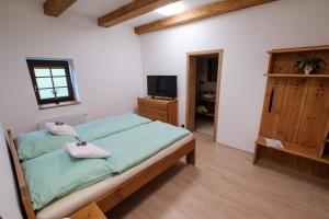 1 dormitorio con 1 cama verde y TV en Penzion U Fořta, en Rožmberk nad Vltavou