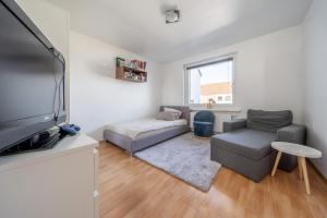 a living room with a couch and a tv at Private Apartment in Lehrte +11 photos