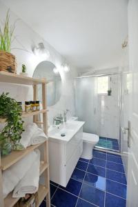 a bathroom with a sink and a toilet and a shower at Olivo II Luxury Apartment in Hydra
