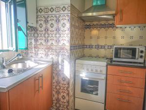 una pequeña cocina con fregadero y microondas en Casa do Rosa - Santana de Cambas, en Santana de Cambas