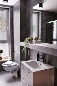 La salle de bains est pourvue d'un lavabo et de toilettes. dans l'établissement Keller Apart K12 - Taras z widokiem na wyłączność i klimatyzacją GRATIS, à Porąbka