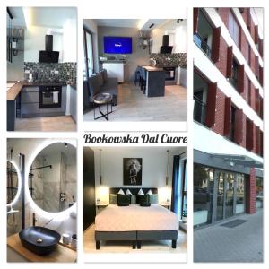 un collage di foto diverse di una camera d'albergo di Bookowska Dal Cuore Apartment a Poznań