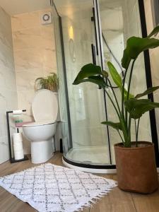 a bathroom with a toilet and a shower with a plant at Tiny guesthouse with cozy mezzanine sleeping nook in Swinderby