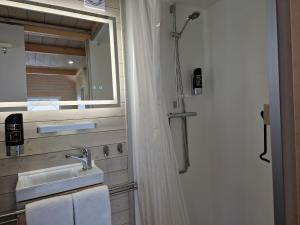 ein Bad mit einem Waschbecken und einem Spiegel in der Unterkunft LANE Tiny Homes in Hannover