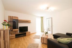 a living room with a couch and a flat screen tv at B&B Zum Guten Tropfen in San Paolo