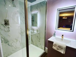 een badkamer met een douche en een wastafel bij Picton-House in St Clears
