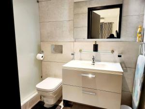 Un baño con inodoro, lavabo y espejo. en Luxurious & Comfy Gem-5 Star Location-Pools Gym!, en Accra