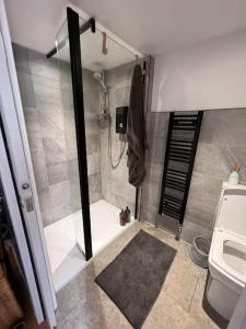 a bathroom with a shower and a toilet at The Coorie Inn @ Portobello, Edinburgh’s Seaside. in Edinburgh