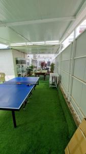 a room with two ping pong tables and green grass at Farber Couple house in Nahariyya