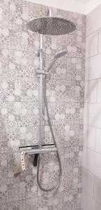 La salle de bains est pourvue d'une douche avec un pommeau de douche. dans l'établissement La Chambre du Valois, à Cuvergnon