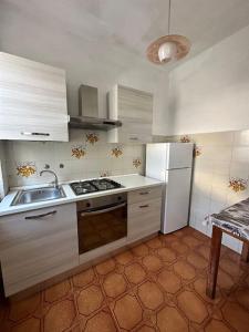 uma cozinha com um fogão, um lavatório e um frigorífico em Appartamento Albatros em Ribolla