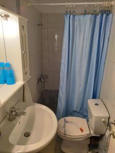un bagno con lavandino, WC e doccia di Mom's Cozy Corner a Heraklion Altre 13 foto