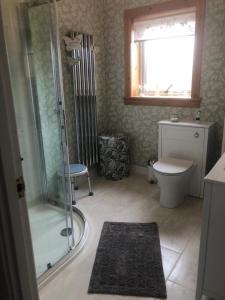 a bathroom with a shower and a toilet at Two Chimneys in Upper Bayble