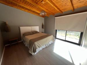 ein Schlafzimmer mit einem Bett und einem großen Fenster in der Unterkunft Casa de la Libélula con pileta in Alta Gracia