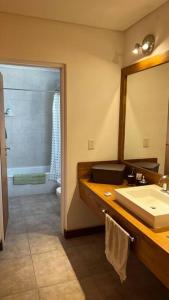 a bathroom with a sink and a mirror and a shower at Casa en Ing. Maschwitz con gran parque y pileta in Ingeniero Maschwitz