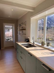 cocina con fregadero y 2 ventanas en Cozy house in Eidfjord, en Eidfjord