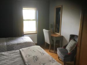 1 dormitorio con cama, silla y escritorio en Dromelihy House Stud, en Doonbeg